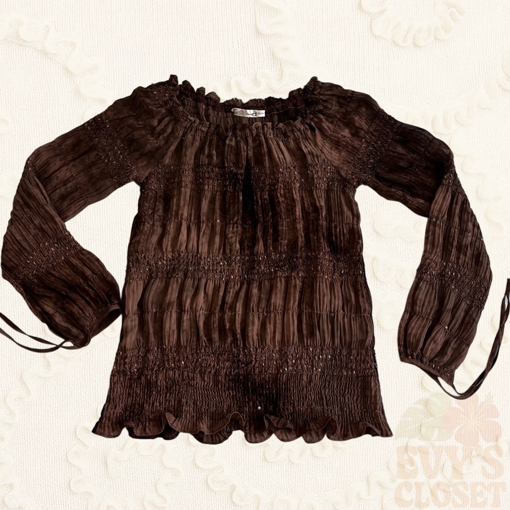 Vintage Brown Ruffled Long Sleeve Flouncy Blouse Top w/ Iridescent Attachments